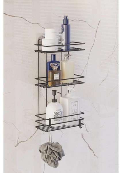 Haus Ömür Boyu Paslanmaz Yapışkanlı Düz Banyo Düzenleyici Şampuanlık Duş Rafı Siyah Kancalı Tş-03