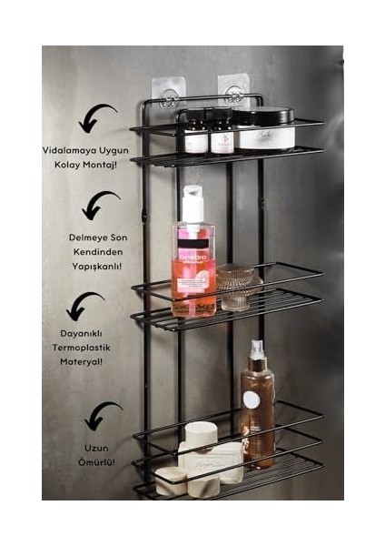 Haus Ömür Boyu Paslanmaz Yapışkanlı Düz Banyo Düzenleyici Şampuanlık Duş Rafı Siyah Kancalı Tş-03 modelleri
