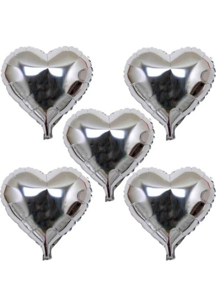 Kalp Şeklinde Folyo Balon 5 Adet 45 cm Gümüş Renk