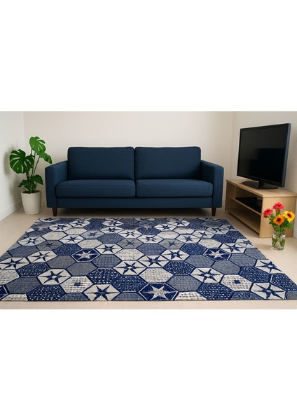 Modern Desenli Mavi Bal Petekli Motifli Halı Örtüsü 6m² modelleri