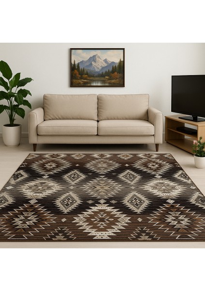 Etnik Bohem Eşme Kilim Motifli Kahverengi Halı Örtüsü 6m² modelleri