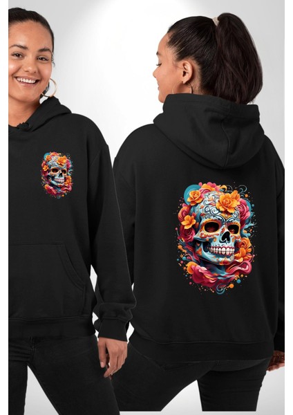 Renkli Çiçekli Kuru Kafa Siyah Kapüşonlu Sweatshirt Kadın Erkek Ön Minimal Sırt Baskılı