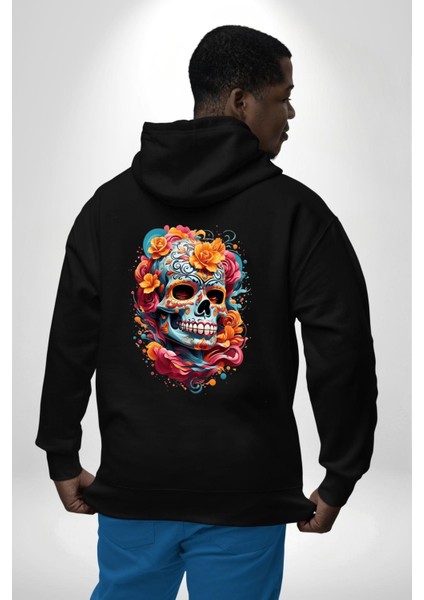 Renkli Çiçekli Kuru Kafa Siyah Kapüşonlu Sweatshirt Kadın Erkek Ön Minimal Sırt Baskılı modelleri