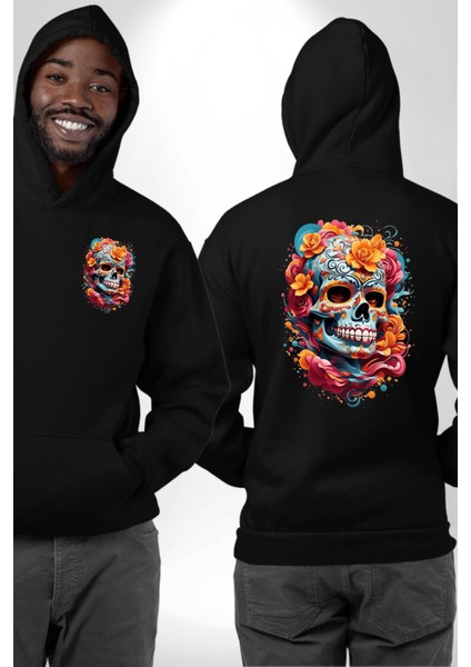 Renkli Çiçekli Kuru Kafa Siyah Kapüşonlu Sweatshirt Kadın Erkek Ön Minimal Sırt Baskılı fırsatları