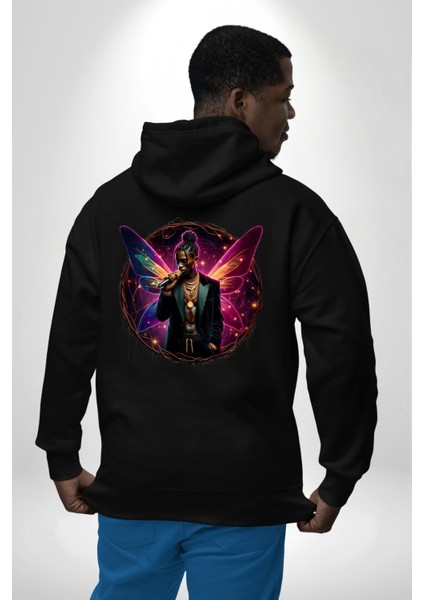 Erkek Hip Hop Rapçi Mor-Pembe Neon Siyah Kapüşonlu Sweatshirt Kadın Erkek Ön Minimal Sırt Baskılı modelleri