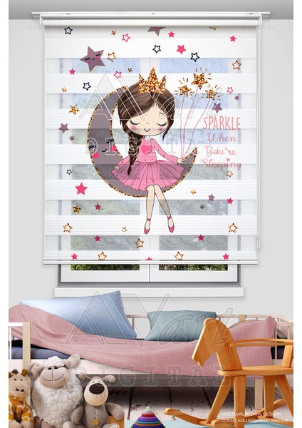 Prenses ve Sevimli Ay Yıldız Baskılı Plise Zebra Perde - Dijital Baskılı Zebra Stor Perde