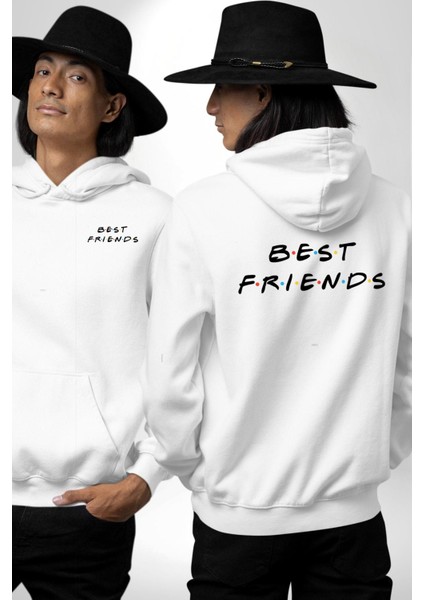 Renkli En Iyi Arkadaş Yazılı Beyaz Kapüşonlu Sweatshirt Kadın Erkek Ön Minimal Sırt Baskılı