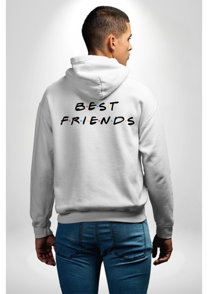 Renkli En Iyi Arkadaş Yazılı Beyaz Kapüşonlu Sweatshirt Kadın Erkek Ön Minimal Sırt Baskılı modelleri