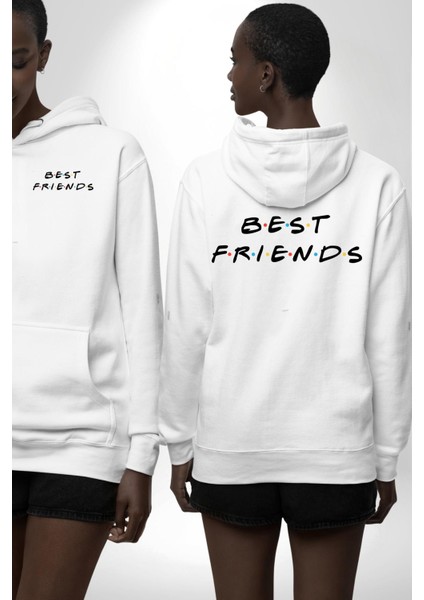 Renkli En Iyi Arkadaş Yazılı Beyaz Kapüşonlu Sweatshirt Kadın Erkek Ön Minimal Sırt Baskılı fırsatları