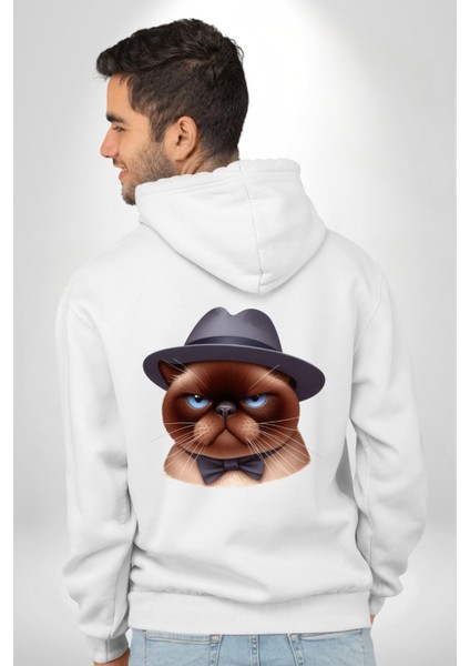 Kedinin Zarif Ciddiyeti Şapka ve Papyon Beyaz Kapüşonlu Sweatshirt Kadın Erkek Ön Minimal Sırt Baskılı modelleri