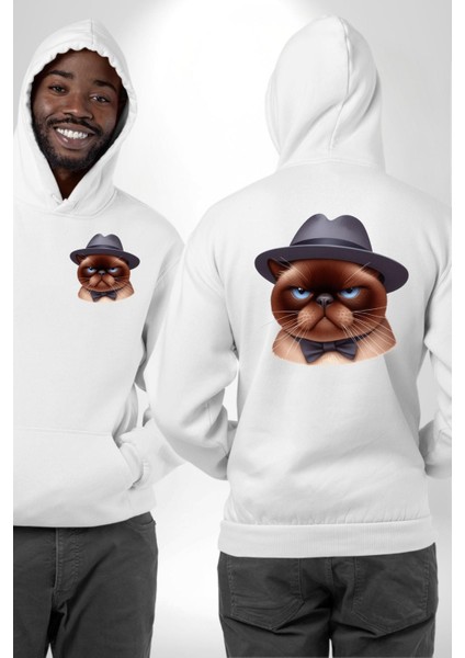 Kedinin Zarif Ciddiyeti Şapka ve Papyon Beyaz Kapüşonlu Sweatshirt Kadın Erkek Ön Minimal Sırt Baskılı fırsatları