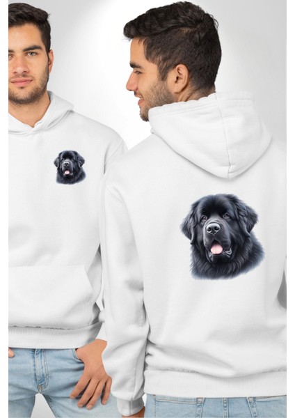 Newfoundland Güçlü Su Dostu Köpek Beyaz Kapüşonlu Sweatshirt Kadın Erkek Ön Minimal Sırt Baskılı
