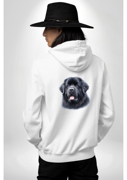 Newfoundland Güçlü Su Dostu Köpek Beyaz Kapüşonlu Sweatshirt Kadın Erkek Ön Minimal Sırt Baskılı modelleri
