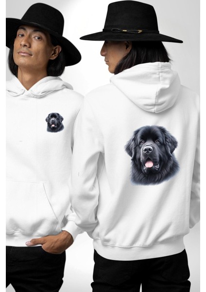 Newfoundland Güçlü Su Dostu Köpek Beyaz Kapüşonlu Sweatshirt Kadın Erkek Ön Minimal Sırt Baskılı fırsatları