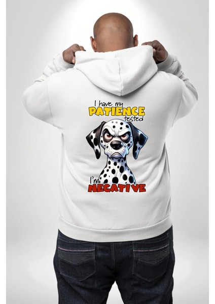 Sinirli Dalmaçyalı Köpek Test Edilen Sabır Beyaz Kapüşonlu Sweatshirt Kadın Erkek Ön Minimal Sırt Baskılı modelleri