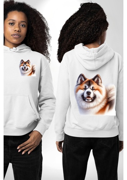 Akita Inu Sadık Köpek Beyaz Kapüşonlu Sweatshirt Kadın Erkek Ön Minimal Sırt Baskılı