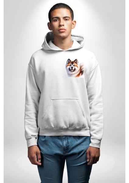 Akita Inu Sadık Köpek Beyaz Kapüşonlu Sweatshirt Kadın Erkek Ön Minimal Sırt Baskılı fiyatları
