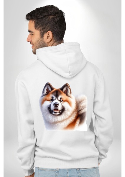 Akita Inu Sadık Köpek Beyaz Kapüşonlu Sweatshirt Kadın Erkek Ön Minimal Sırt Baskılı modelleri