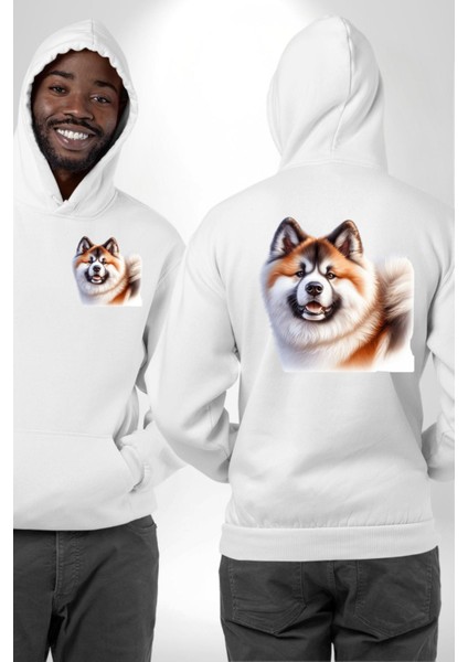 Akita Inu Sadık Köpek Beyaz Kapüşonlu Sweatshirt Kadın Erkek Ön Minimal Sırt Baskılı fırsatları