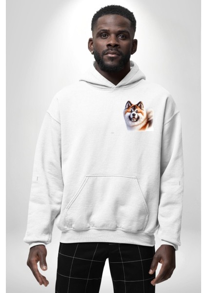 Akita Inu Sadık Köpek Beyaz Kapüşonlu Sweatshirt Kadın Erkek Ön Minimal Sırt Baskılı indirimleri