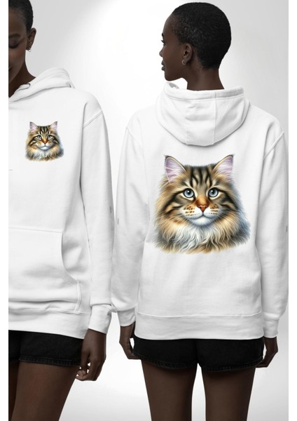Sibirya Kedi Tasarımı Beyaz Kapüşonlu Sweatshirt Kadın Erkek Ön Minimal Sırt Baskılı