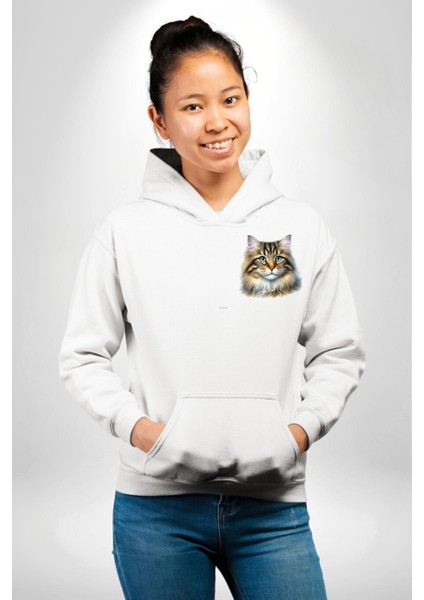 Sibirya Kedi Tasarımı Beyaz Kapüşonlu Sweatshirt Kadın Erkek Ön Minimal Sırt Baskılı fiyatları