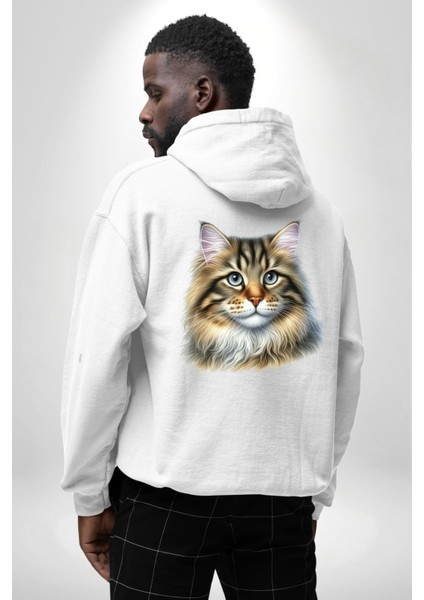 Sibirya Kedi Tasarımı Beyaz Kapüşonlu Sweatshirt Kadın Erkek Ön Minimal Sırt Baskılı modelleri