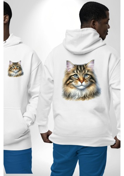 Sibirya Kedi Tasarımı Beyaz Kapüşonlu Sweatshirt Kadın Erkek Ön Minimal Sırt Baskılı fırsatları