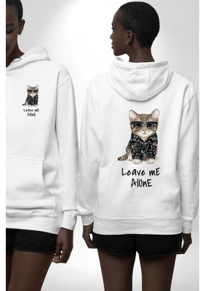 Beni Yalnız Bırak Punk Tarzı Kedi Tasarımı Beyaz Kapüşonlu Sweatshirt Kadın Erkek Ön Minimal Sırt Baskılı