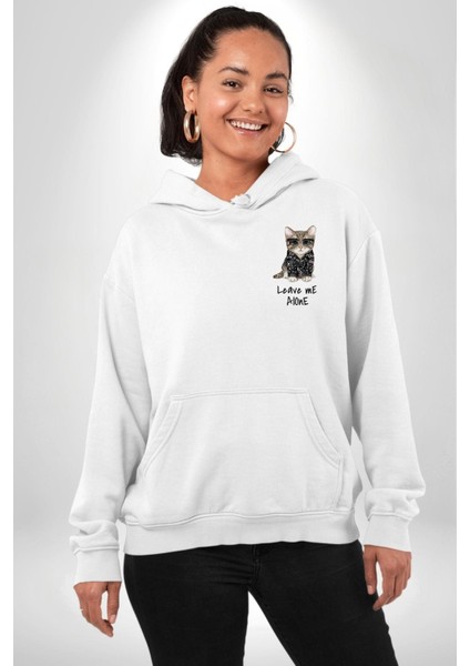 Beni Yalnız Bırak Punk Tarzı Kedi Tasarımı Beyaz Kapüşonlu Sweatshirt Kadın Erkek Ön Minimal Sırt Baskılı fiyatları