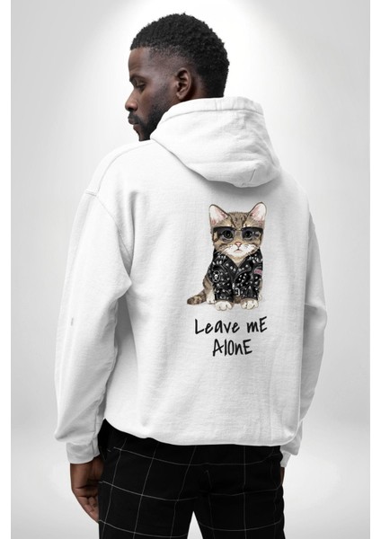 Beni Yalnız Bırak Punk Tarzı Kedi Tasarımı Beyaz Kapüşonlu Sweatshirt Kadın Erkek Ön Minimal Sırt Baskılı modelleri