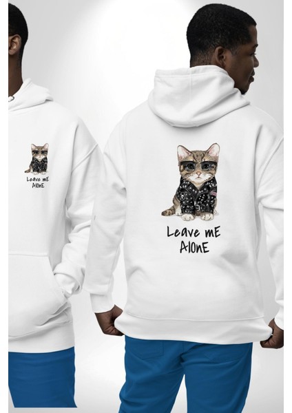 Beni Yalnız Bırak Punk Tarzı Kedi Tasarımı Beyaz Kapüşonlu Sweatshirt Kadın Erkek Ön Minimal Sırt Baskılı fırsatları