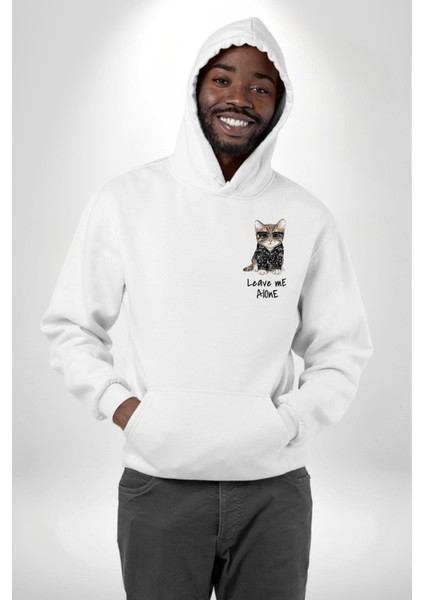 Beni Yalnız Bırak Punk Tarzı Kedi Tasarımı Beyaz Kapüşonlu Sweatshirt Kadın Erkek Ön Minimal Sırt Baskılı indirimleri