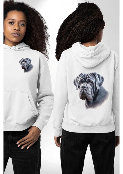 Neapolitan Mastiff Aşkı Büyük Köpek Beyaz Kapüşonlu Sweatshirt Kadın Erkek Ön Minimal Sırt Baskılı