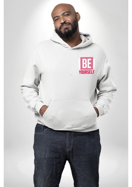 Be Yourself Baskılı Özgün ve Şık Grafik Tasarım Beyaz Kapüşonlu Sweatshirt Kadın Erkek Ön Minimal Sırt Baskılı fiyatları