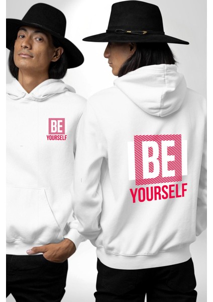 Be Yourself Baskılı Özgün ve Şık Grafik Tasarım Beyaz Kapüşonlu Sweatshirt Kadın Erkek Ön Minimal Sırt Baskılı fırsatları