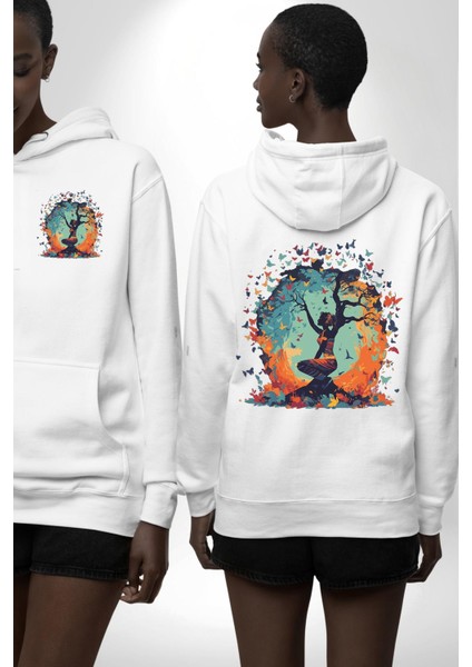 Doğanın Ruhu ve Sonsuz Dönüşüm Kelebekler Beyaz Kapüşonlu Sweatshirt Kadın Erkek Ön Minimal Sırt Baskılı