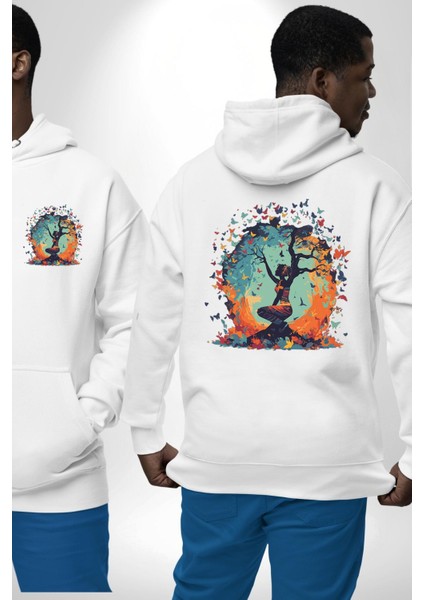 Doğanın Ruhu ve Sonsuz Dönüşüm Kelebekler Beyaz Kapüşonlu Sweatshirt Kadın Erkek Ön Minimal Sırt Baskılı fırsatları