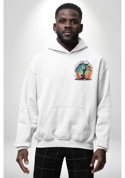 Doğanın Ruhu ve Sonsuz Dönüşüm Kelebekler Beyaz Kapüşonlu Sweatshirt Kadın Erkek Ön Minimal Sırt Baskılı indirimleri
