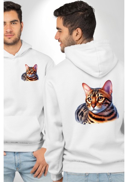 Bengal Kedisi Beyaz Kapüşonlu Sweatshirt Kadın Erkek Ön Minimal Sırt Baskılı