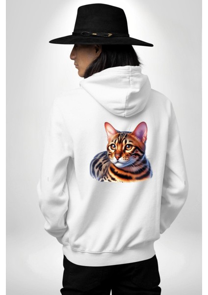 Bengal Kedisi Beyaz Kapüşonlu Sweatshirt Kadın Erkek Ön Minimal Sırt Baskılı modelleri