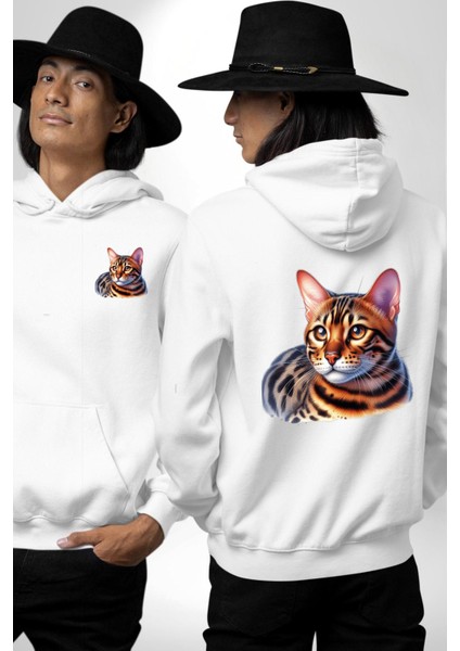 Bengal Kedisi Beyaz Kapüşonlu Sweatshirt Kadın Erkek Ön Minimal Sırt Baskılı fırsatları