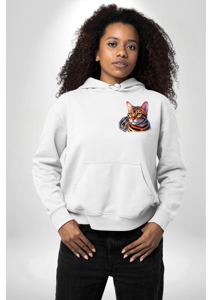 Bengal Kedisi Beyaz Kapüşonlu Sweatshirt Kadın Erkek Ön Minimal Sırt Baskılı indirimleri