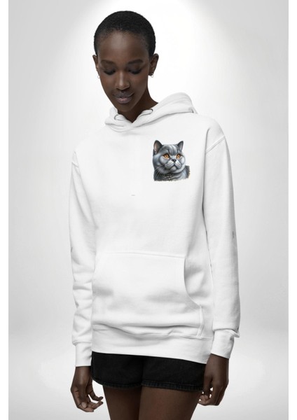 Exotic Shorthair Kedi Beyaz Kapüşonlu Sweatshirt Kadın Erkek Ön Minimal Sırt Baskılı fiyatları