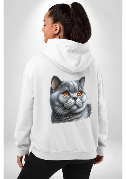 Exotic Shorthair Kedi Beyaz Kapüşonlu Sweatshirt Kadın Erkek Ön Minimal Sırt Baskılı modelleri