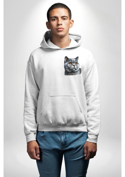 Exotic Shorthair Kedi Beyaz Kapüşonlu Sweatshirt Kadın Erkek Ön Minimal Sırt Baskılı indirimleri