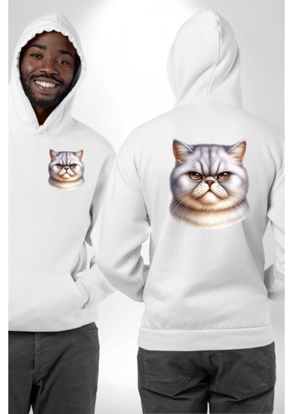 Sert Bakışlar Bu Kedi Şefkatten Uzak Beyaz Kapüşonlu Sweatshirt Kadın Erkek Ön Minimal Sırt Baskılı