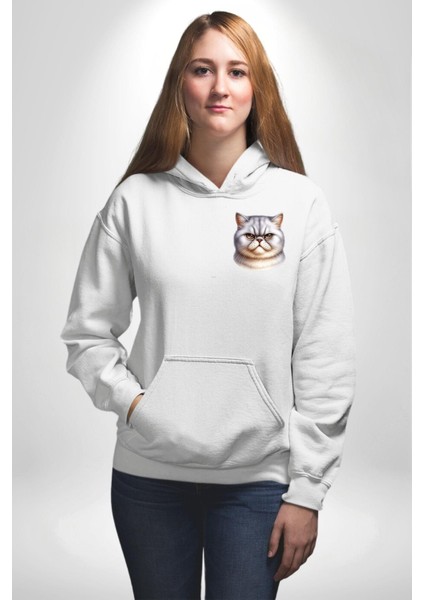 Sert Bakışlar Bu Kedi Şefkatten Uzak Beyaz Kapüşonlu Sweatshirt Kadın Erkek Ön Minimal Sırt Baskılı fiyatları