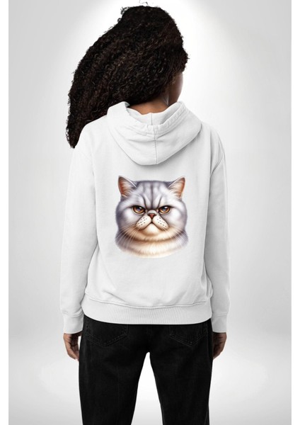 Sert Bakışlar Bu Kedi Şefkatten Uzak Beyaz Kapüşonlu Sweatshirt Kadın Erkek Ön Minimal Sırt Baskılı modelleri