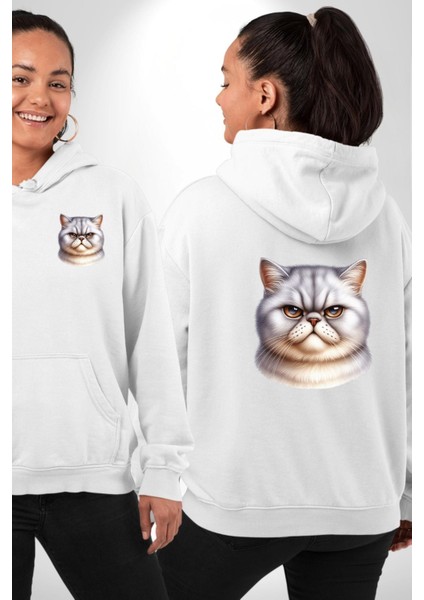 Sert Bakışlar Bu Kedi Şefkatten Uzak Beyaz Kapüşonlu Sweatshirt Kadın Erkek Ön Minimal Sırt Baskılı fırsatları